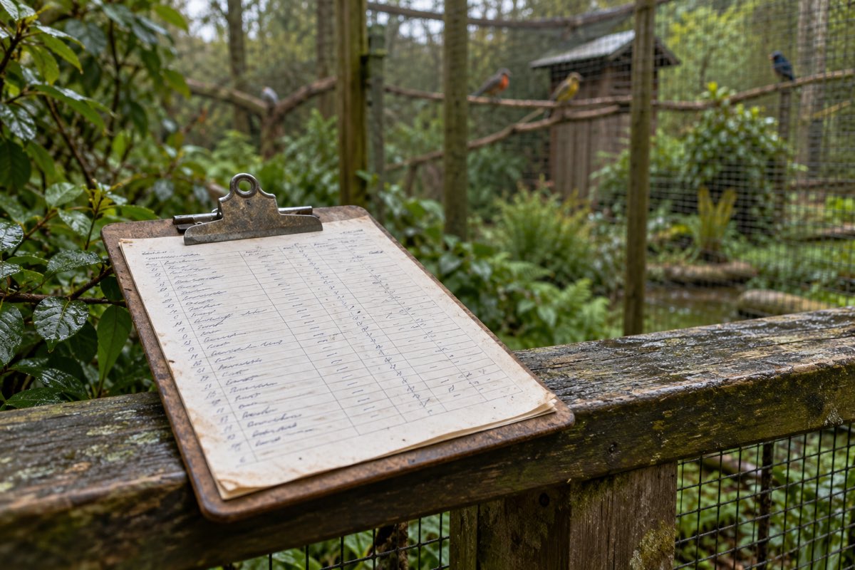 A keeper's clipboard and handwritten record sheet resting on a wet wooden rail, with an aviary and damp planting behind.