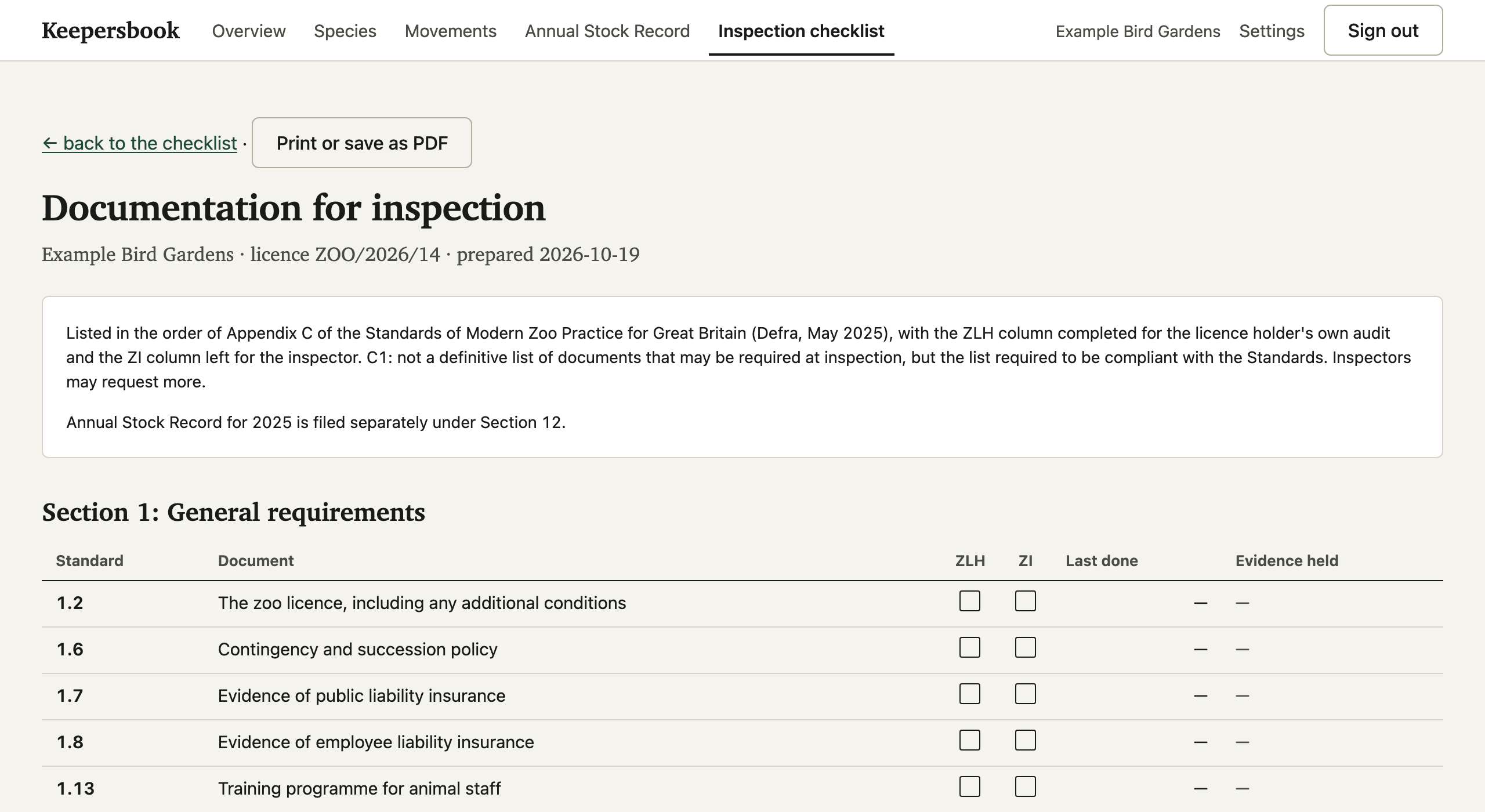 The inspection pack: documents listed in Appendix C order with the standard reference, a licence holder tick column and an empty inspector column.