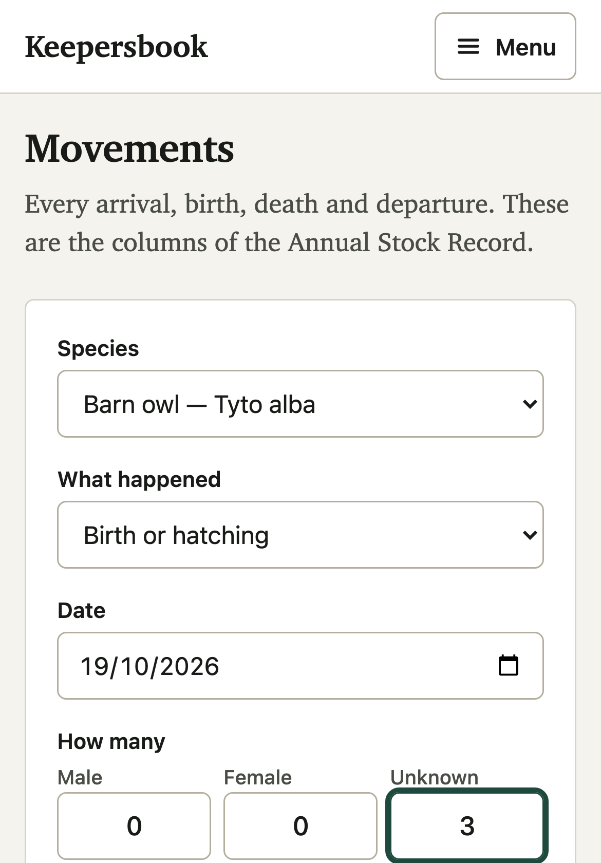 Logging a birth on a phone: barn owl selected, the event set to birth or hatching, and the count entered as nought male, nought female, three unknown.